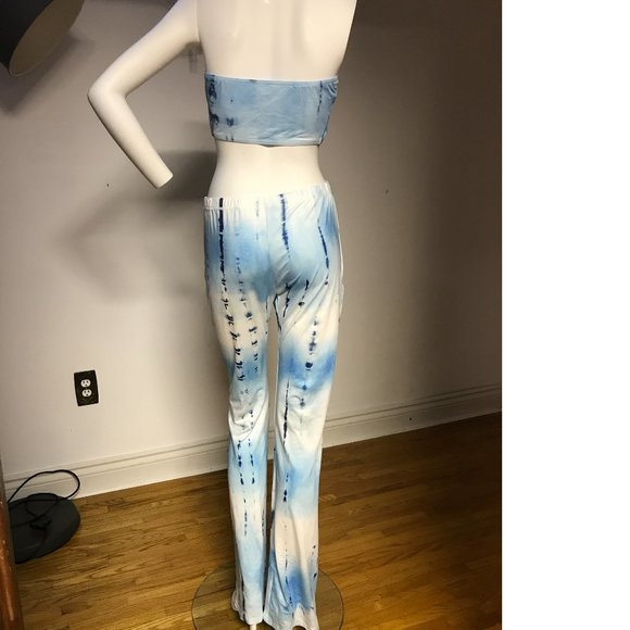 Tie Dye Rainbow sky blue white Bandeau Bikini crop top pants suit stretchy - Picture 1 of 3